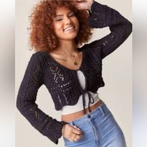 NWT Francesca’s Black Lace Crochet Keyhole Flare Sleeve Cropped Sweater